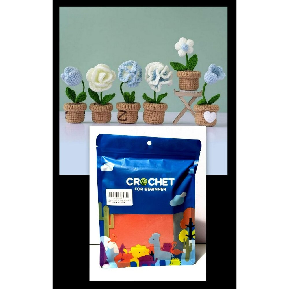 Crochet Kit For Beginners Mini Flower Pots Blue White Everything Included NEW
